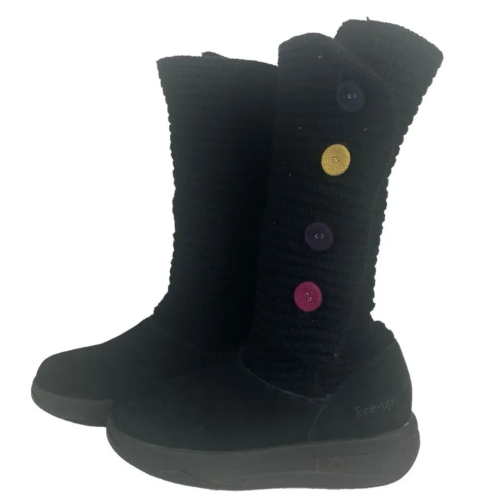 Skechers Tone-Ups Knit Mid-Calf Boots Women's Sz 10 Black Colorful Buttons 38838
